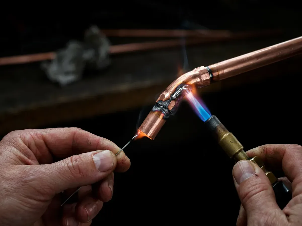 Close-up of a plumber soldering a new copper pipe joint during a pipe repair in West Valley City