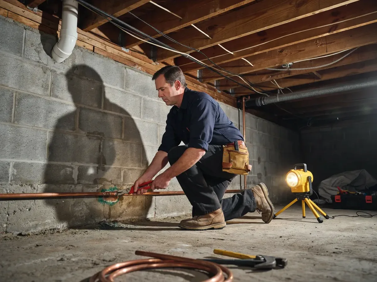 Plumber cutting out a damaged section of copper pipe with a tube cutter in a basement