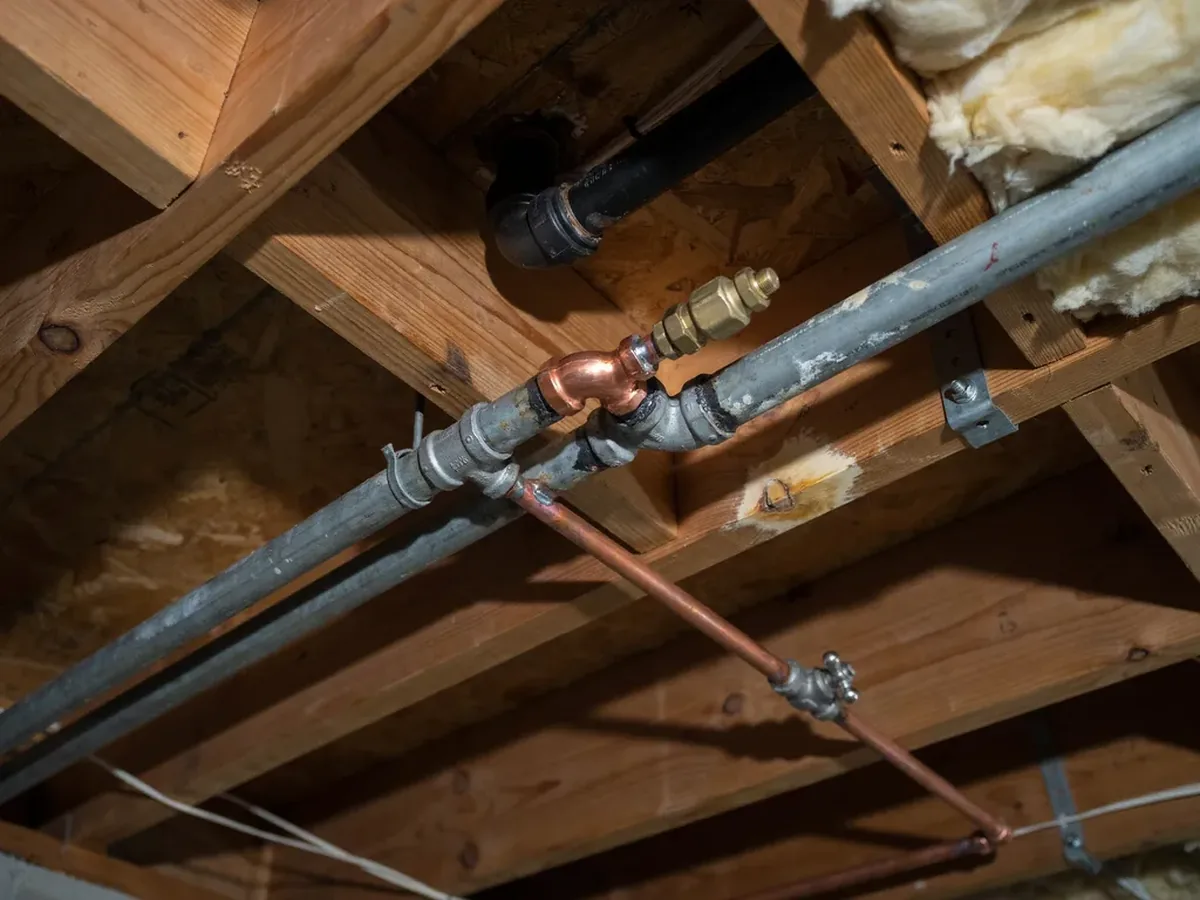 Basement ceiling showing a patchwork of old galvanized pipe joined to newer copper repairs from different eras