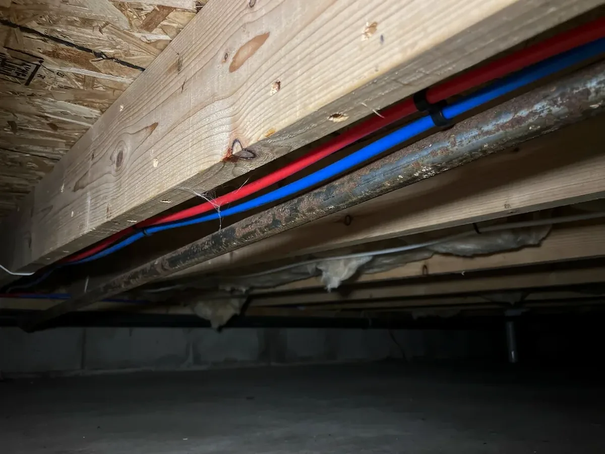 New red and blue PEX water lines clipped along basement joists beside an old corroded galvanized steel pipe