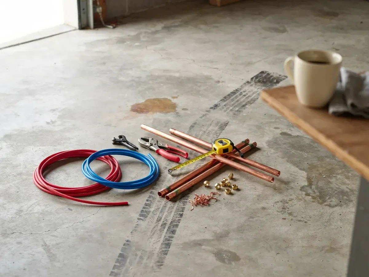 Coils of red and blue PEX tubing and cut lengths of copper pipe laid out on a garage floor with crimping tools
