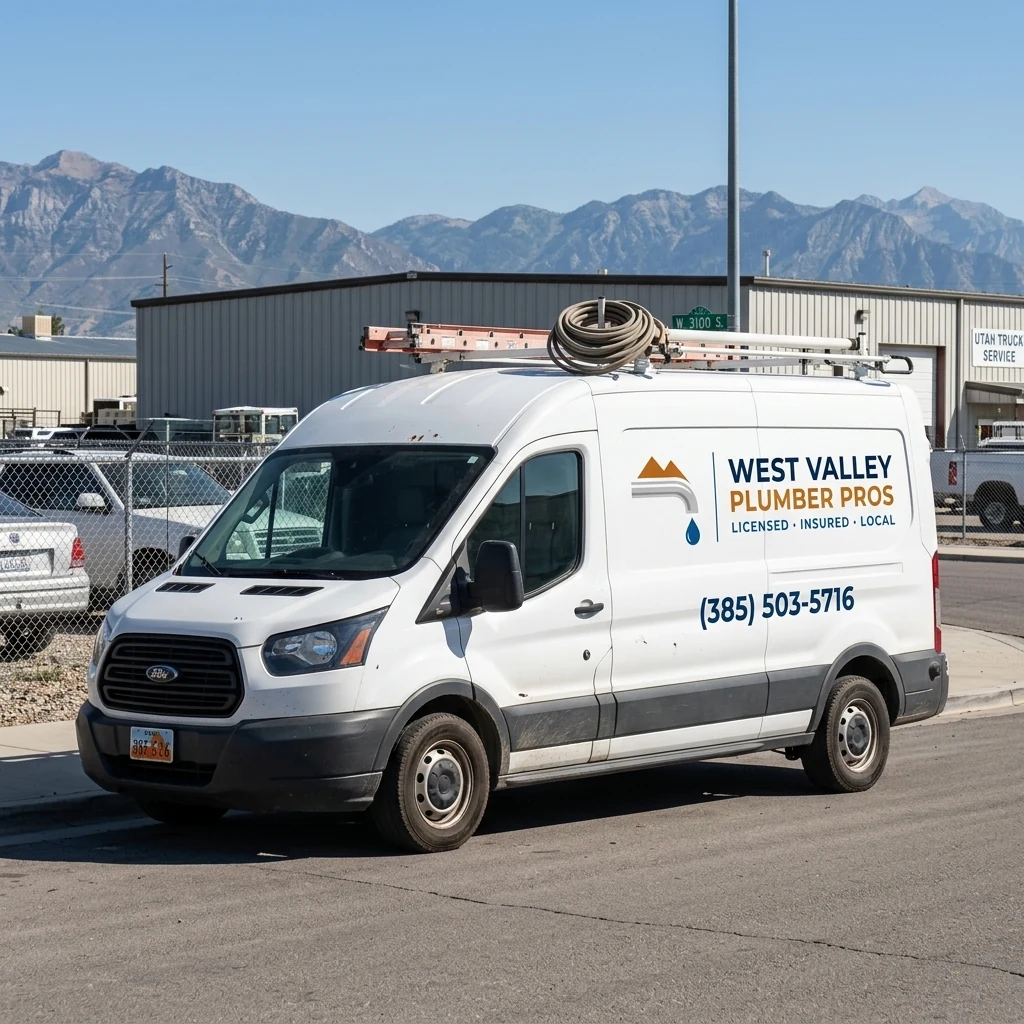 West Valley Plumber Pros service van with ladder and hose rack parked on 3100 South in West Valley City, Wasatch mountains behind