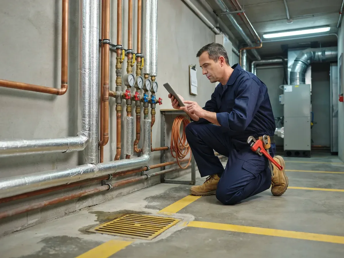Plumber with a tablet inspecting pipework, gauges and valves in a commercial mechanical room