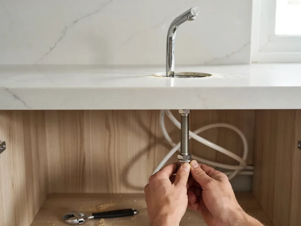 Small chrome reverse osmosis drinking water faucet being fitted through a hole in a kitchen countertop