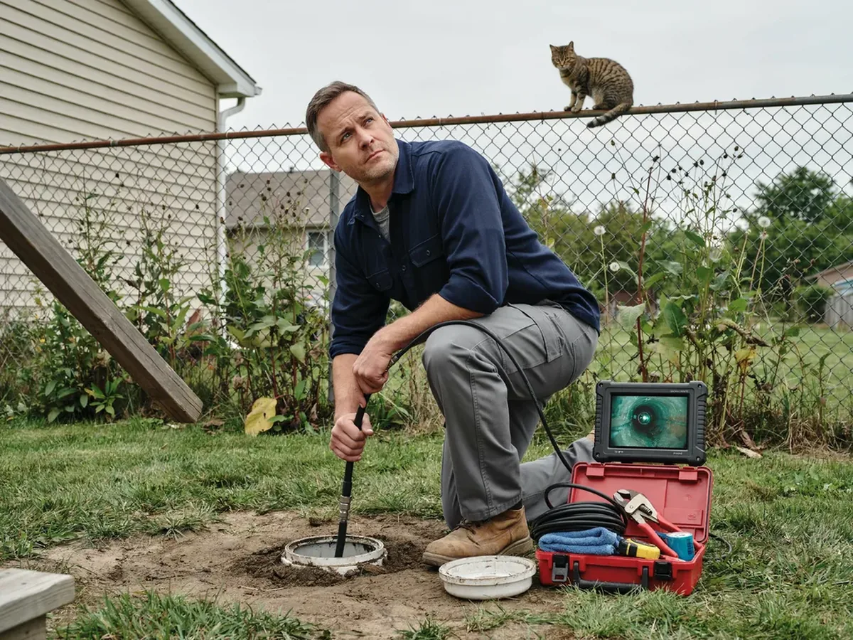 Plumber feeding a camera push rod into a sewer cleanout while watching a monitor balanced on a toolbox