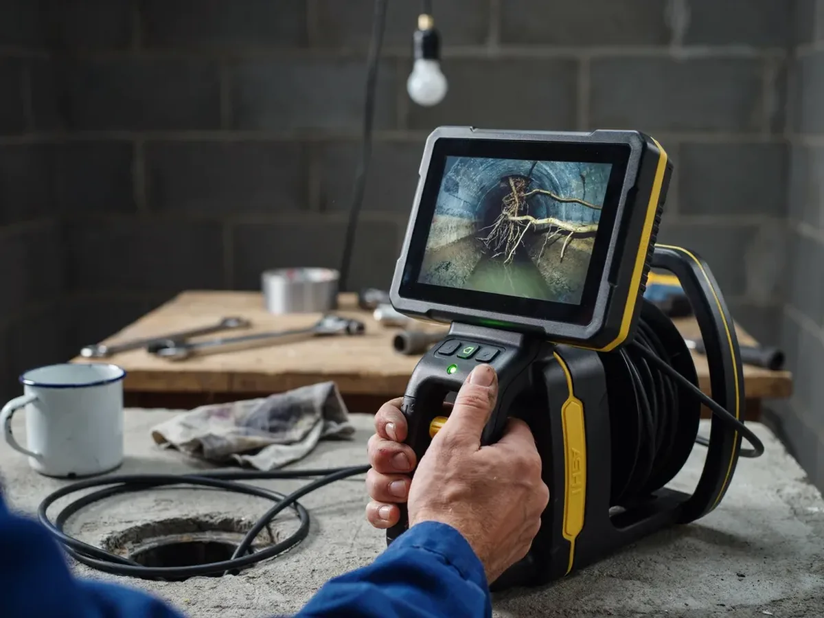 Sewer inspection camera reel and monitor showing the inside of a pipe filled with tangled tree roots