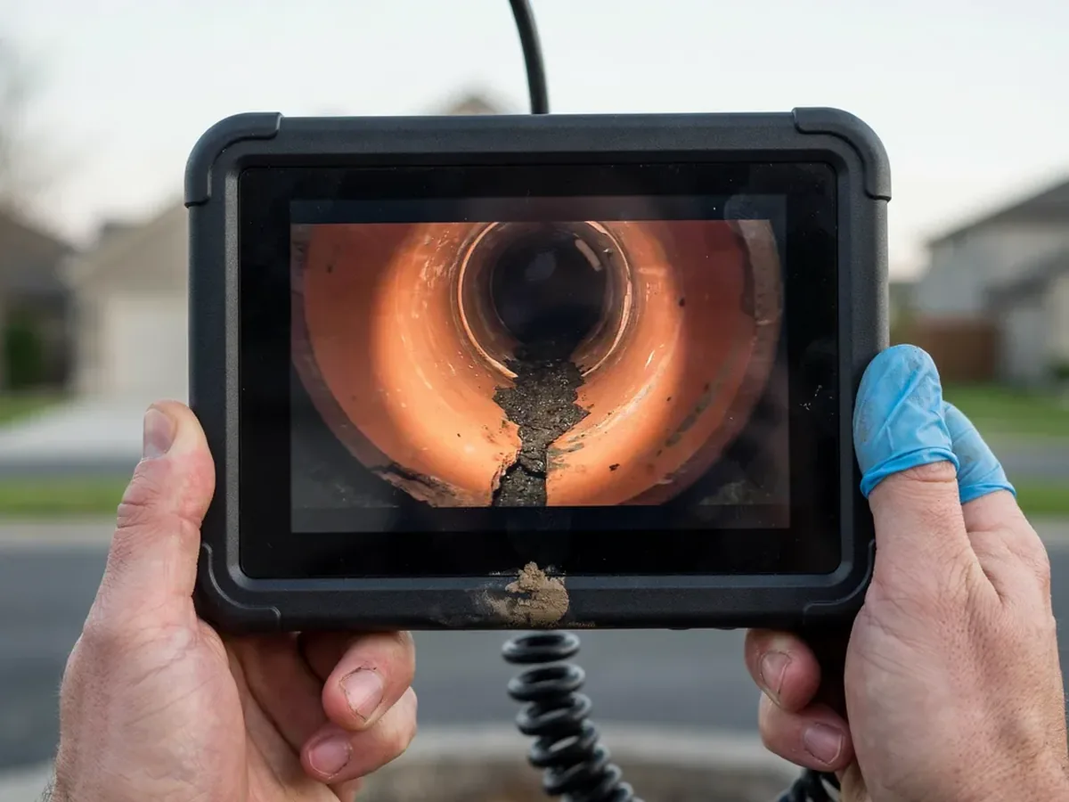 Sewer camera monitor showing a cracked pipe joint with soil visible through the gap
