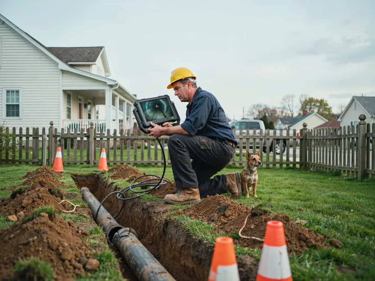 Plumber reviewing a sewer camera inspection monitor beside an open trench during a sewer line repair