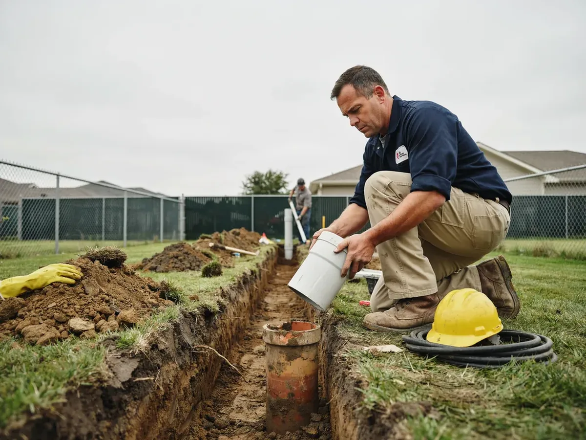 Plumber lowering a new PVC sewer pipe section into an open trench to couple it to the old clay line
