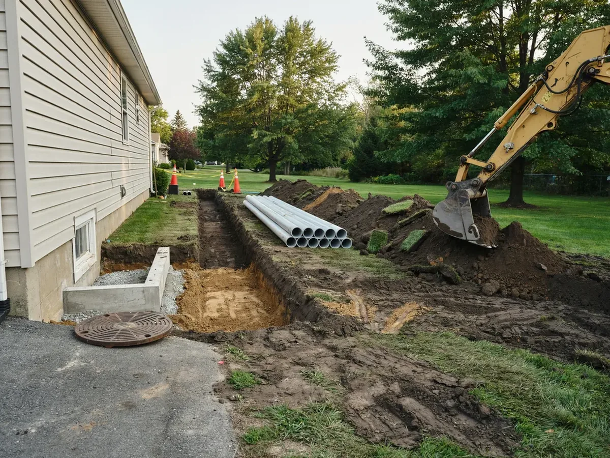 Long excavated trench beside a suburban house with new lengths of PVC sewer pipe laid out ready