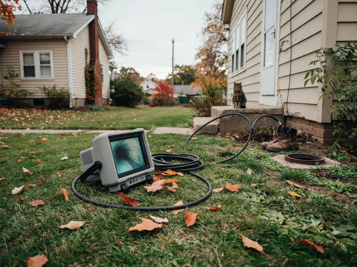 Sewer inspection camera monitor propped on the grass in front of an older suburban home, cable running to the cleanout
