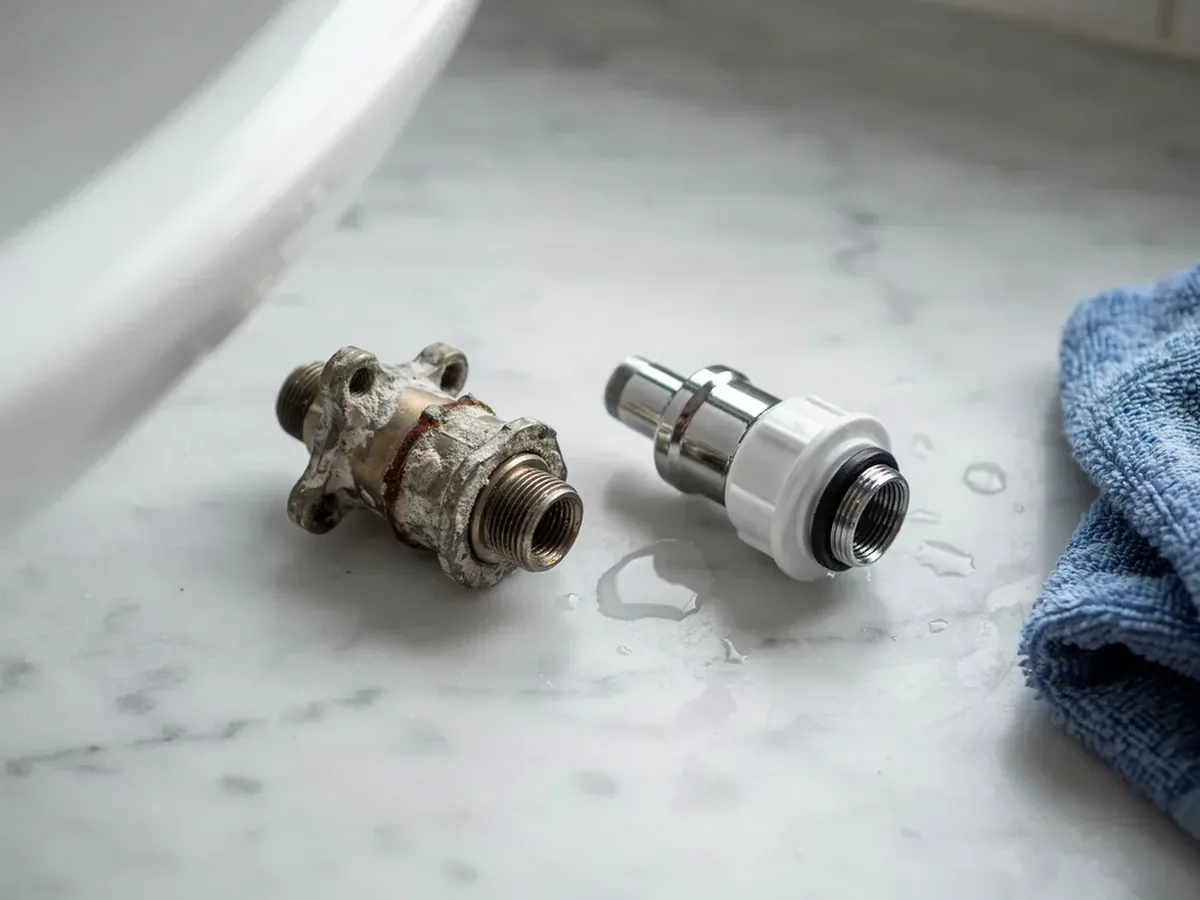 Two shower valve cartridges side by side on a counter, one heavily scaled with mineral and one new