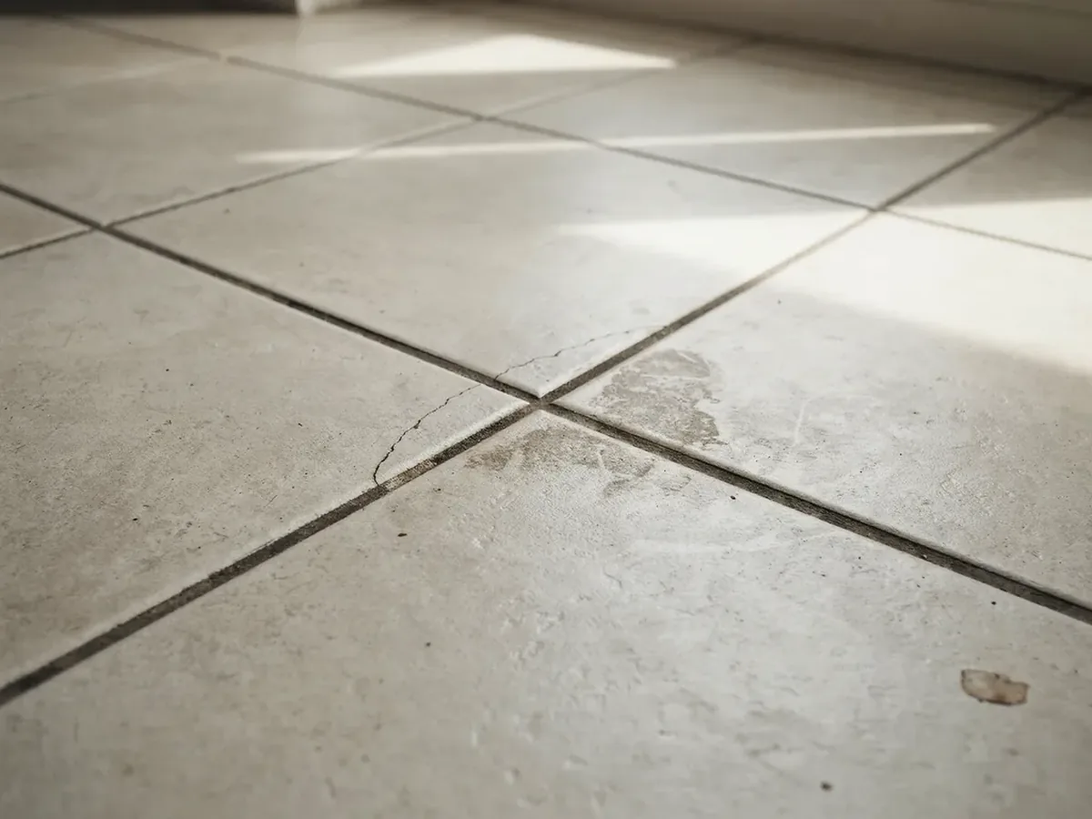 Hairline crack running through a tiled floor with a slightly damp darker patch beside it