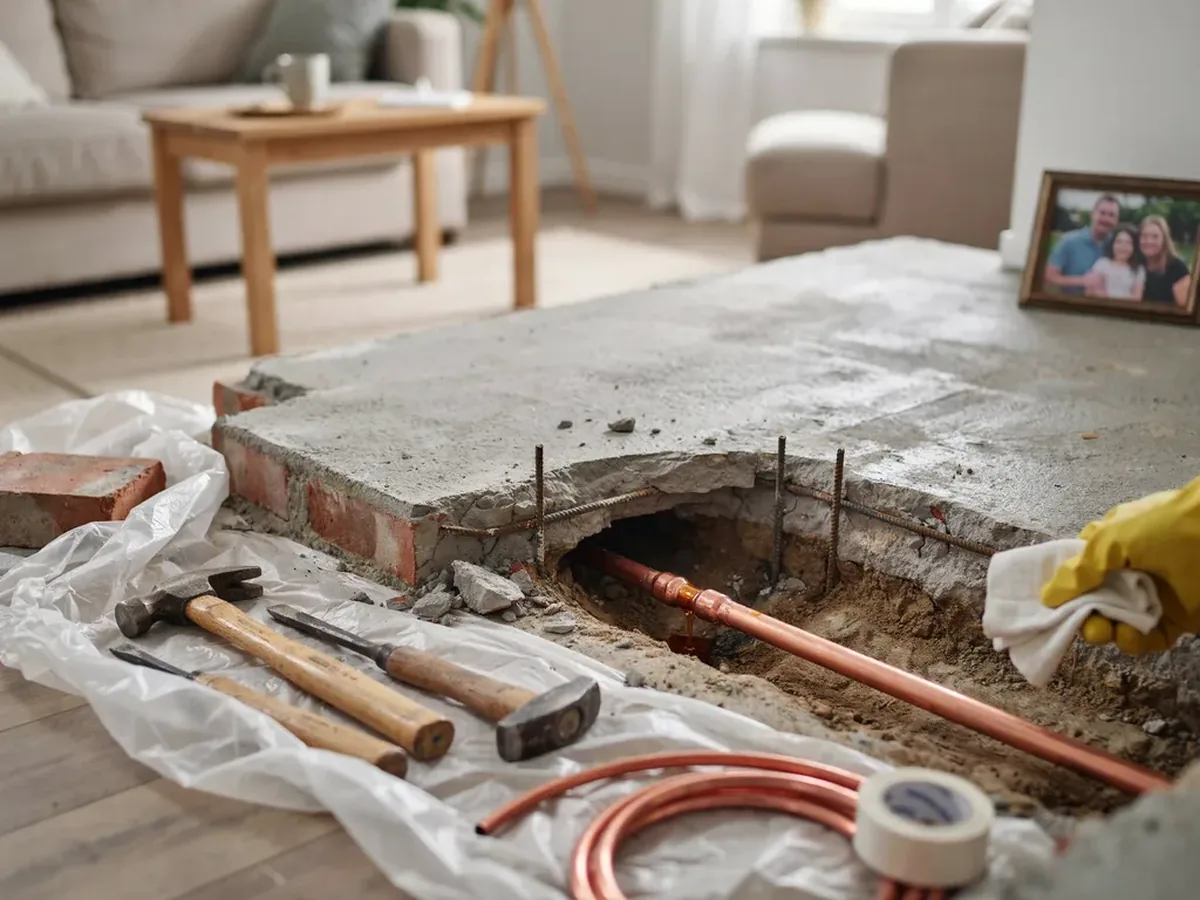 Small section of concrete floor slab opened up to expose a leaking copper water pipe underneath