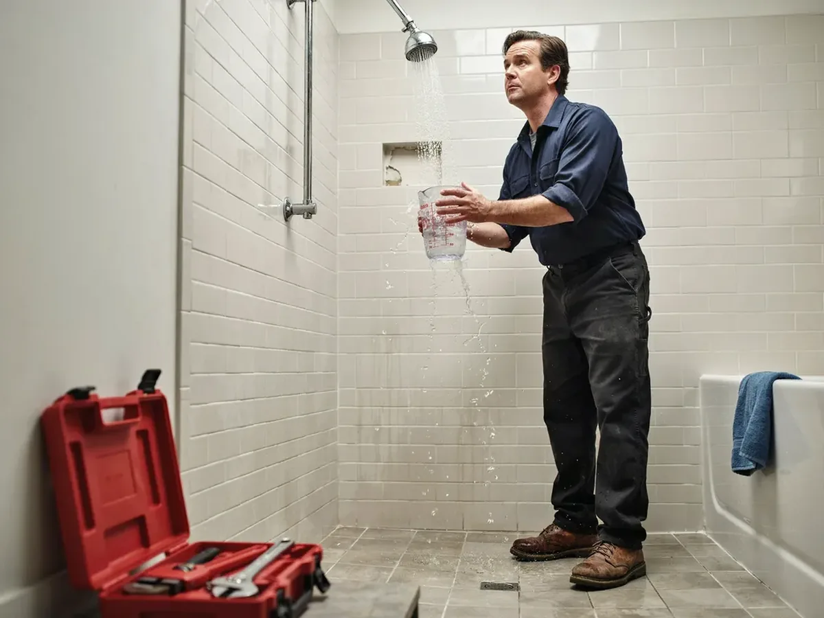 Plumber holding a measuring cup under a running shower head to check the flow rate in gallons per minute