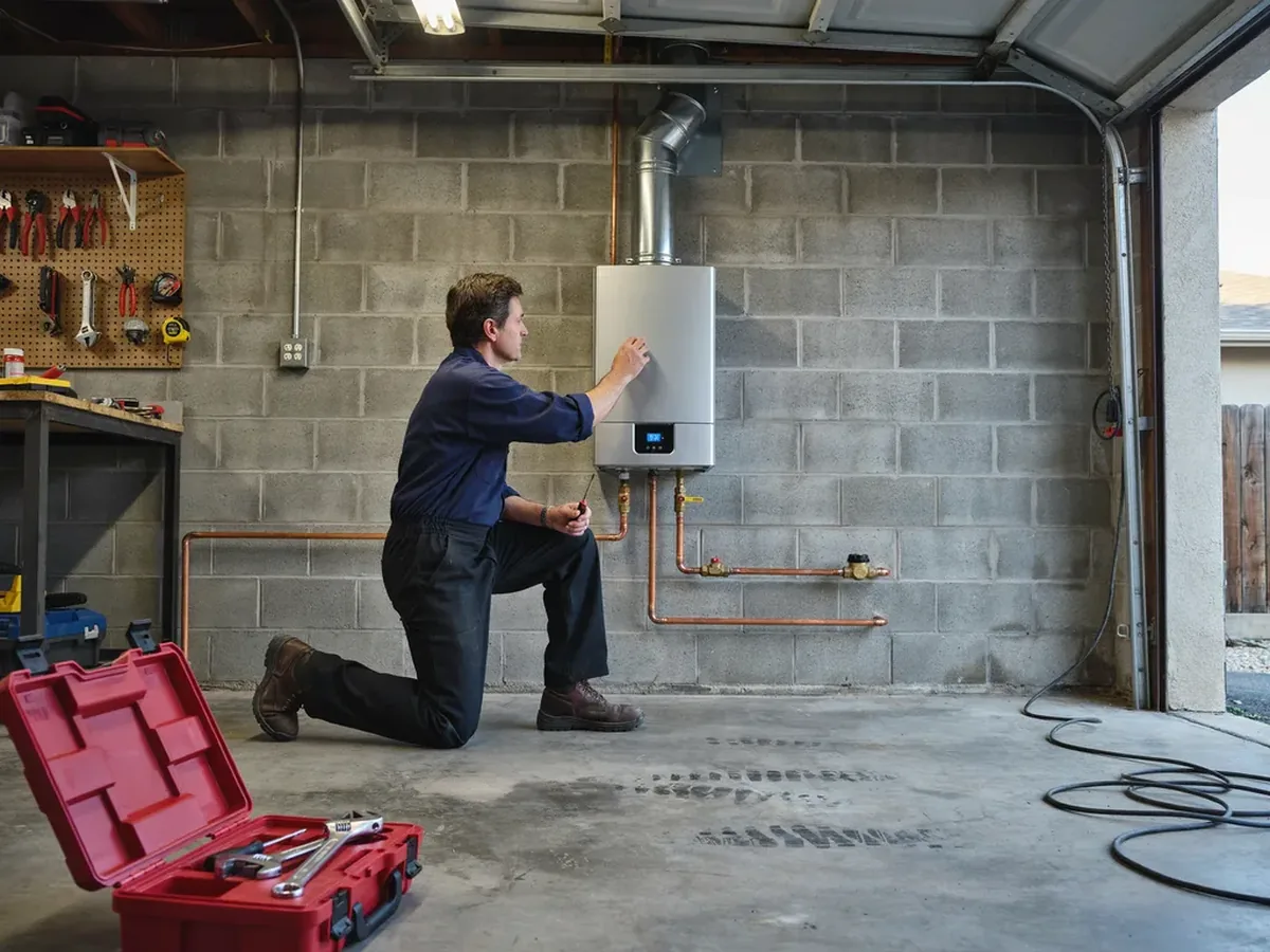 Wall-mounted tankless water heater with stainless venting and copper piping, plumber adjusting the control panel