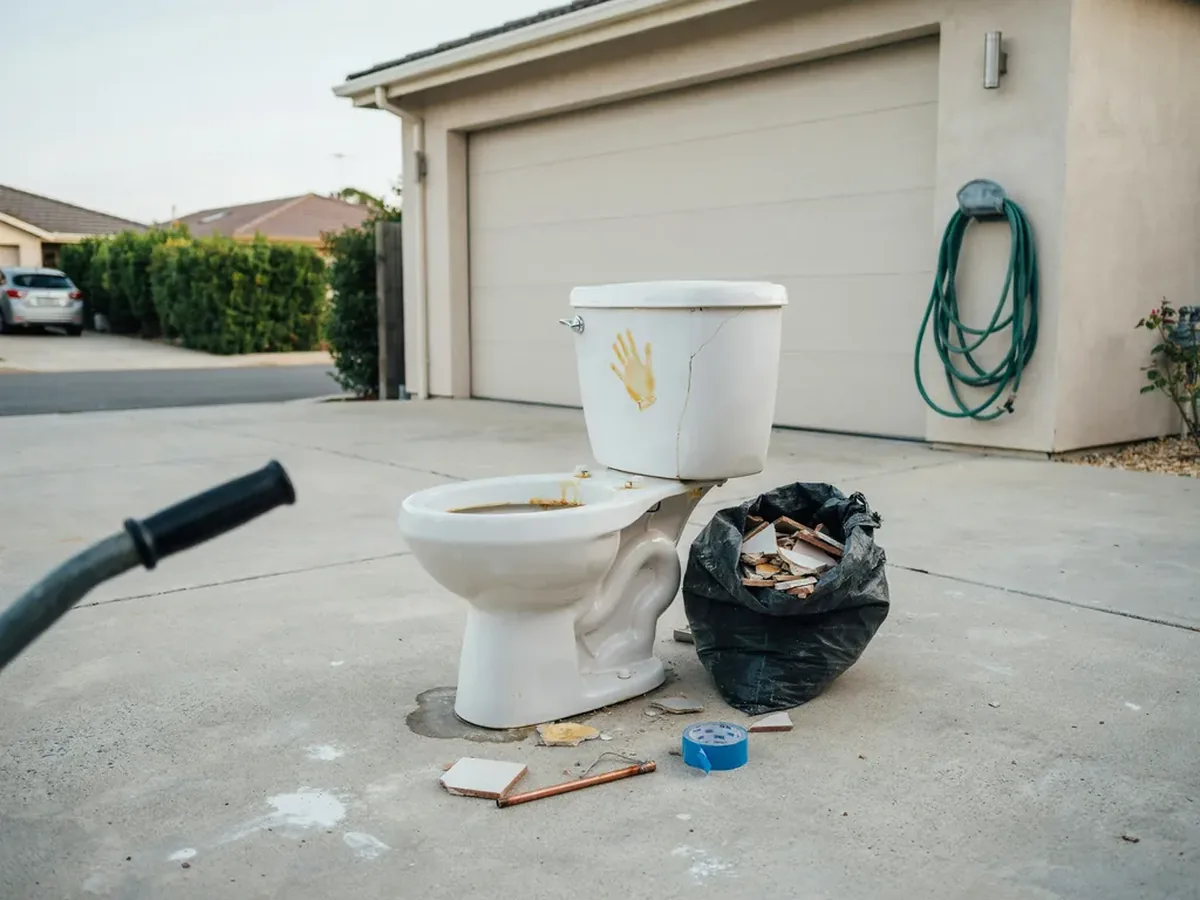 Old removed toilet standing on a driveway beside a bag of rubble during a bathroom refit
