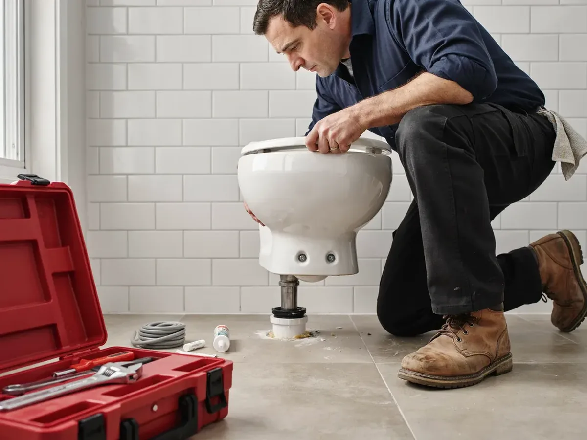 Plumber setting a new toilet bowl down onto a fresh wax ring over the closet flange