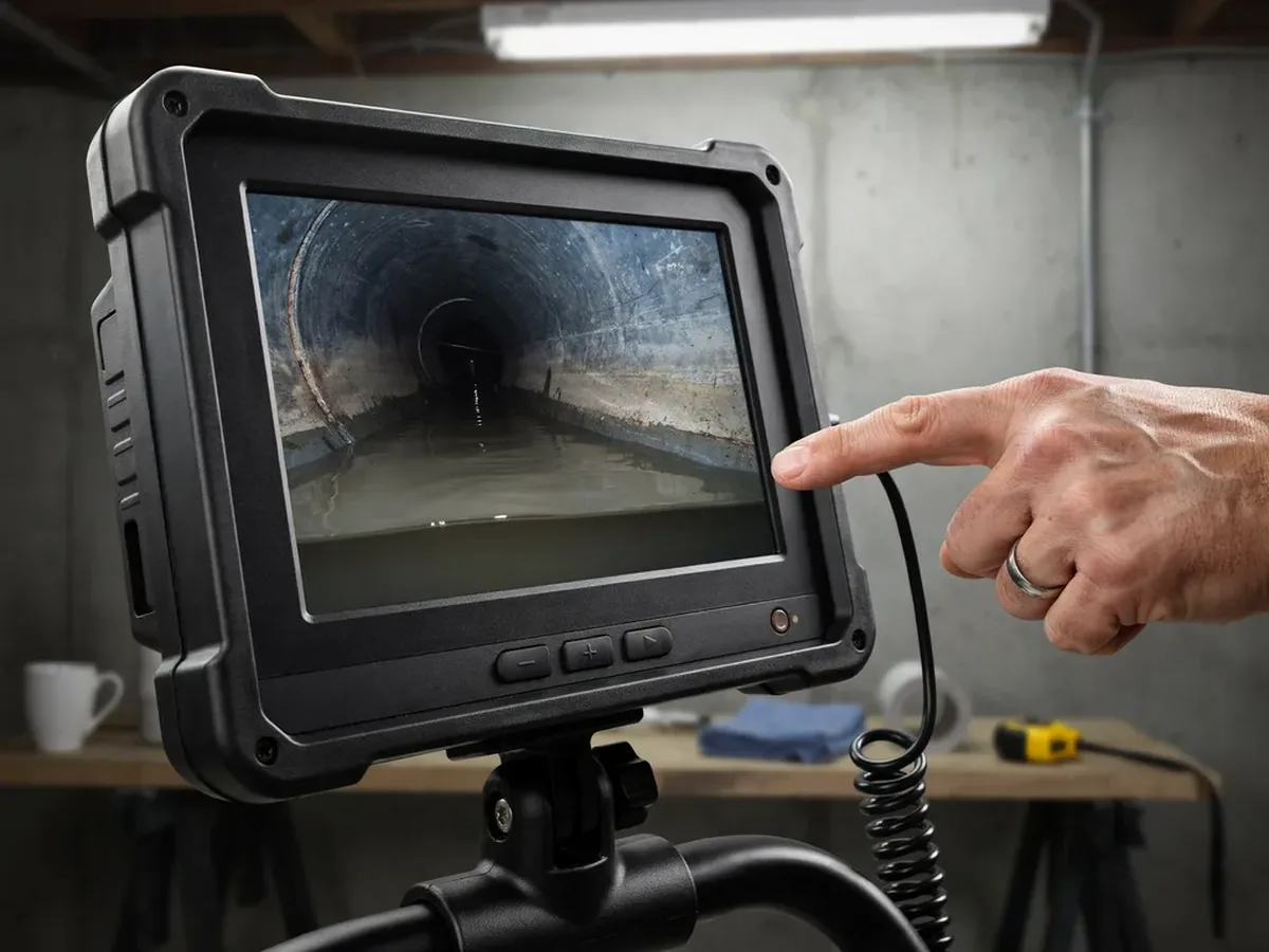 Sewer camera monitor showing standing water sitting in a low sagging belly of a pipe, which rules out lining