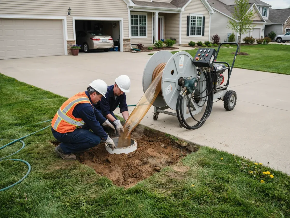 Trenchless pipe lining rig on a driveway feeding a liner into a small access pit, with the lawn left undisturbed