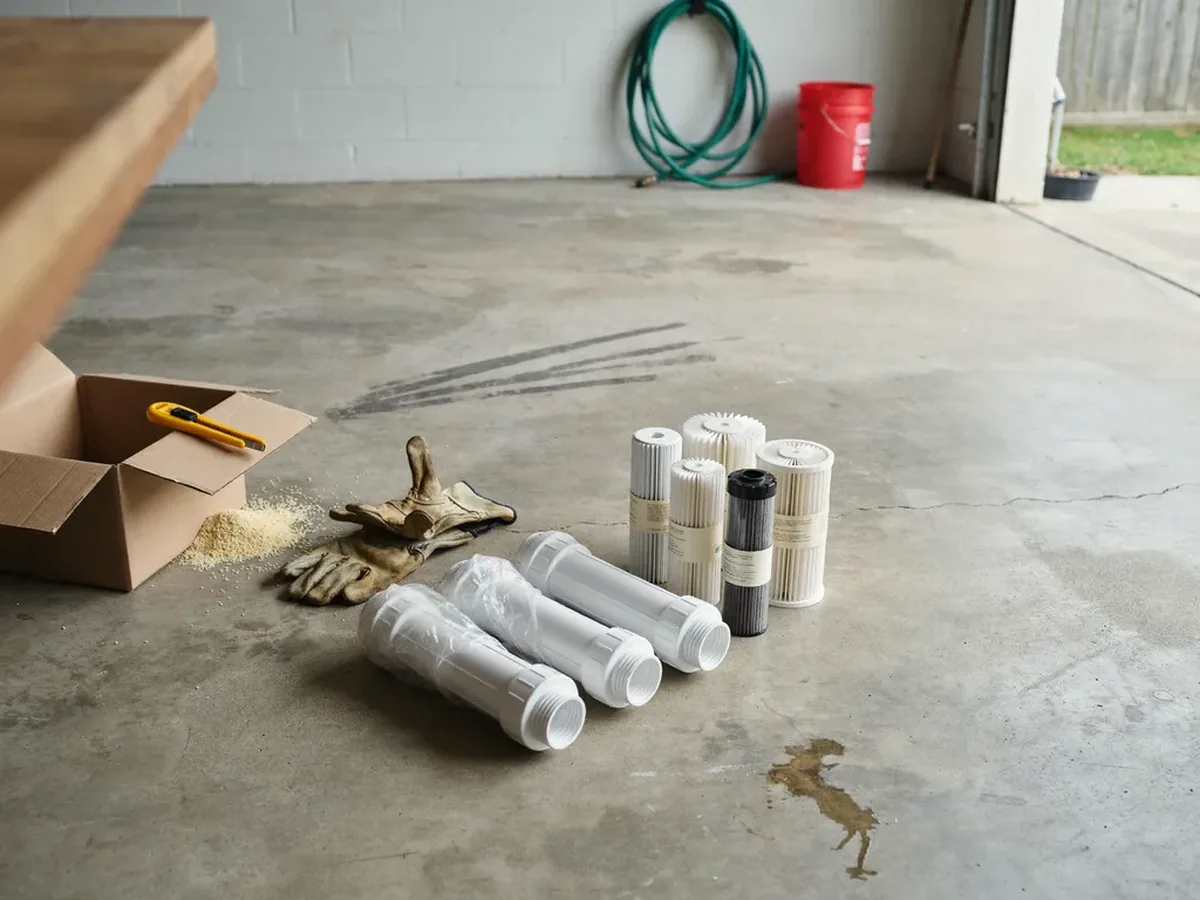 Water filter housings and cartridges lined up in order on a garage floor before installation