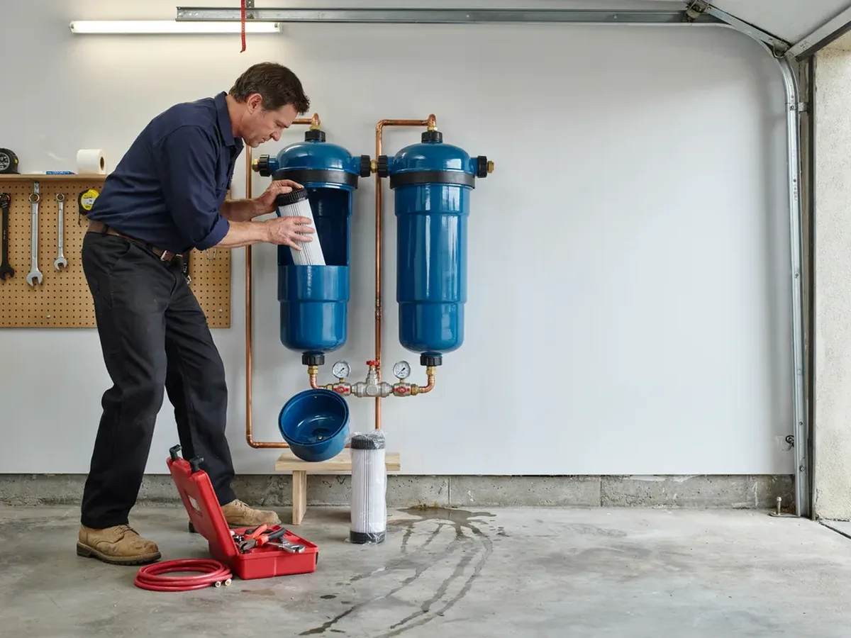 Whole-home water filtration system with two large filter housings mounted on a garage wall, plumber changing a cartridge
