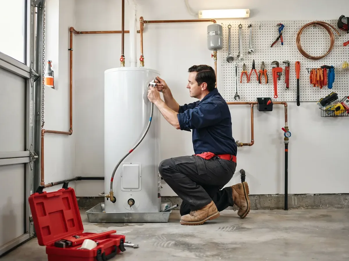 Plumber connecting supply lines to a newly installed residential water heater with an expansion tank and drain pan