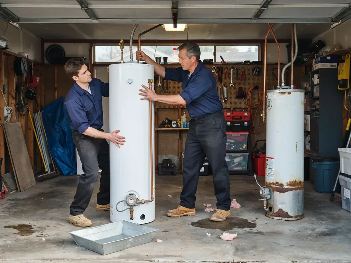 Two plumbers lifting a new water heater into position in a garage with the old unit removed to one side