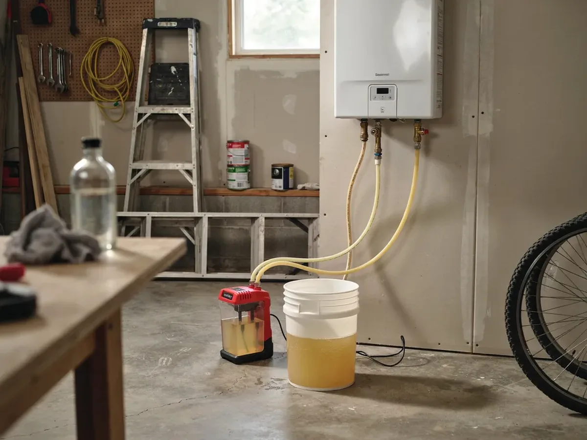 Descaling pump and bucket connected by hoses to the service ports of a wall-mounted tankless water heater