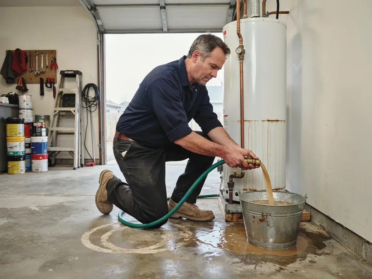 Garden hose attached to a water heater drain valve flushing cloudy sediment-filled water into a bucket