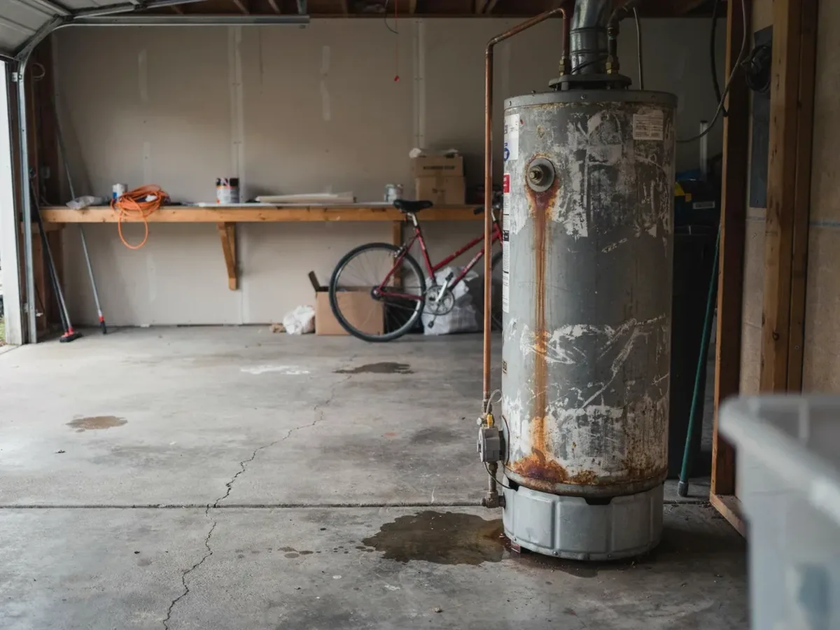 Old rusted water heater with corrosion streaks down its side and a damp patch spreading on the concrete beneath