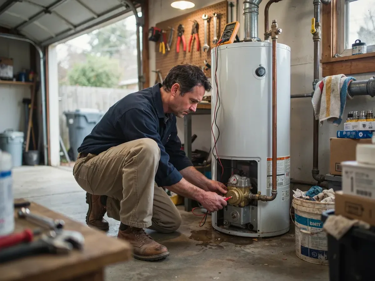 Plumber testing a water heater gas control valve with a multimeter, burner access panel open