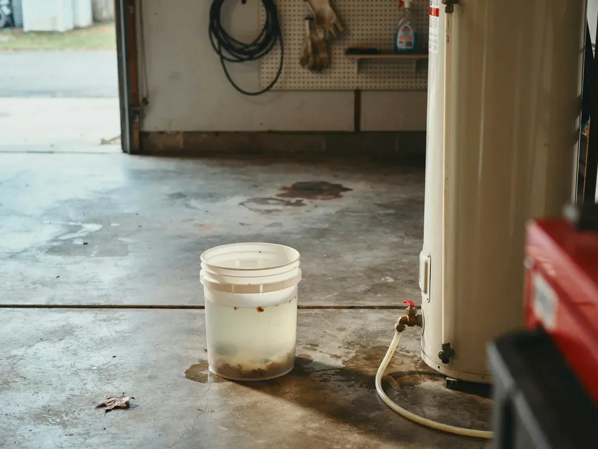 Bucket of cloudy sediment-filled water drained from a water heater standing on a garage floor beside the tank