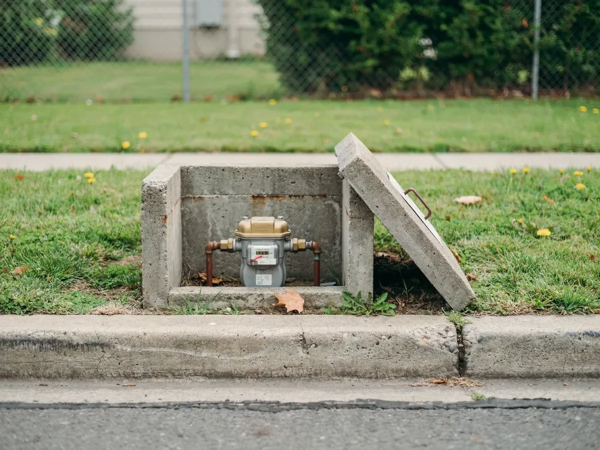 Residential water meter in an open meter box in a park strip, with the low-flow indicator dial visible