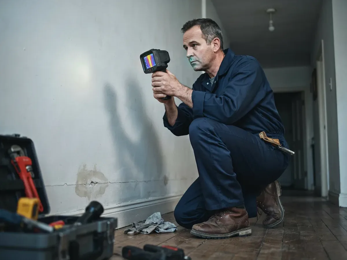 Plumber holding a thermal imaging camera against a wall, the screen showing the heat signature of a hidden pipe