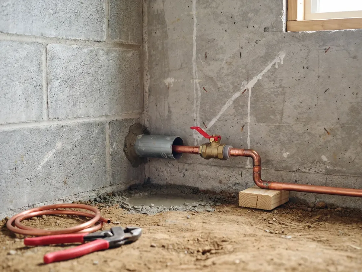 New water service pipe entering a house through a foundation wall with a sleeve and shutoff valve fitted
