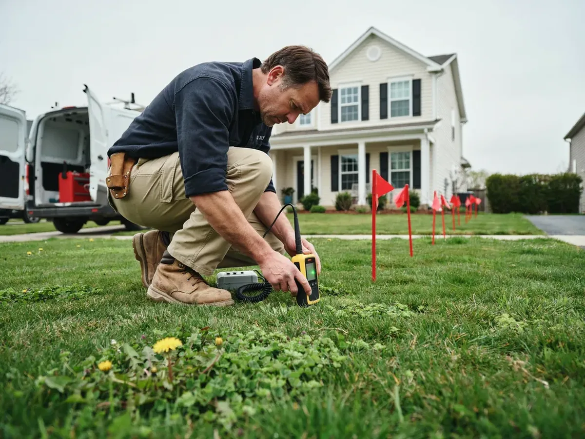 Plumber sweeping a pipe locator wand across a front lawn with marker flags already pushed into the grass