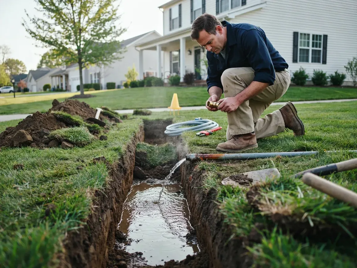 Excavated trench in a front lawn exposing a leaking underground water service line with water pooling below