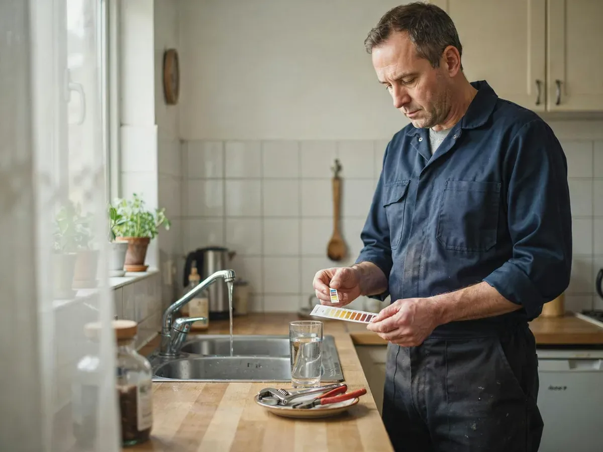 Plumber holding a water hardness test strip against a colour chart beside a kitchen sink