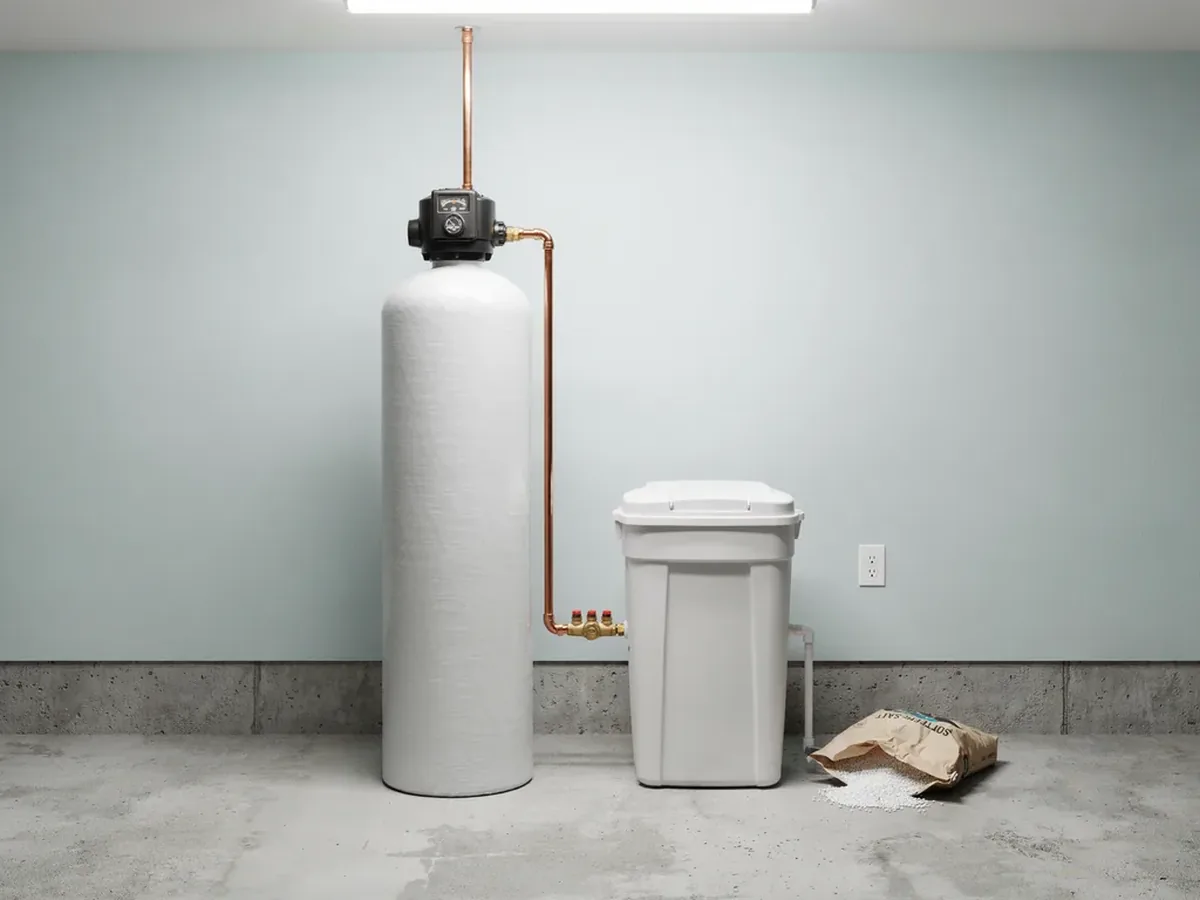 Newly installed whole-home water softener with resin tank and brine tank in a West Valley City garage