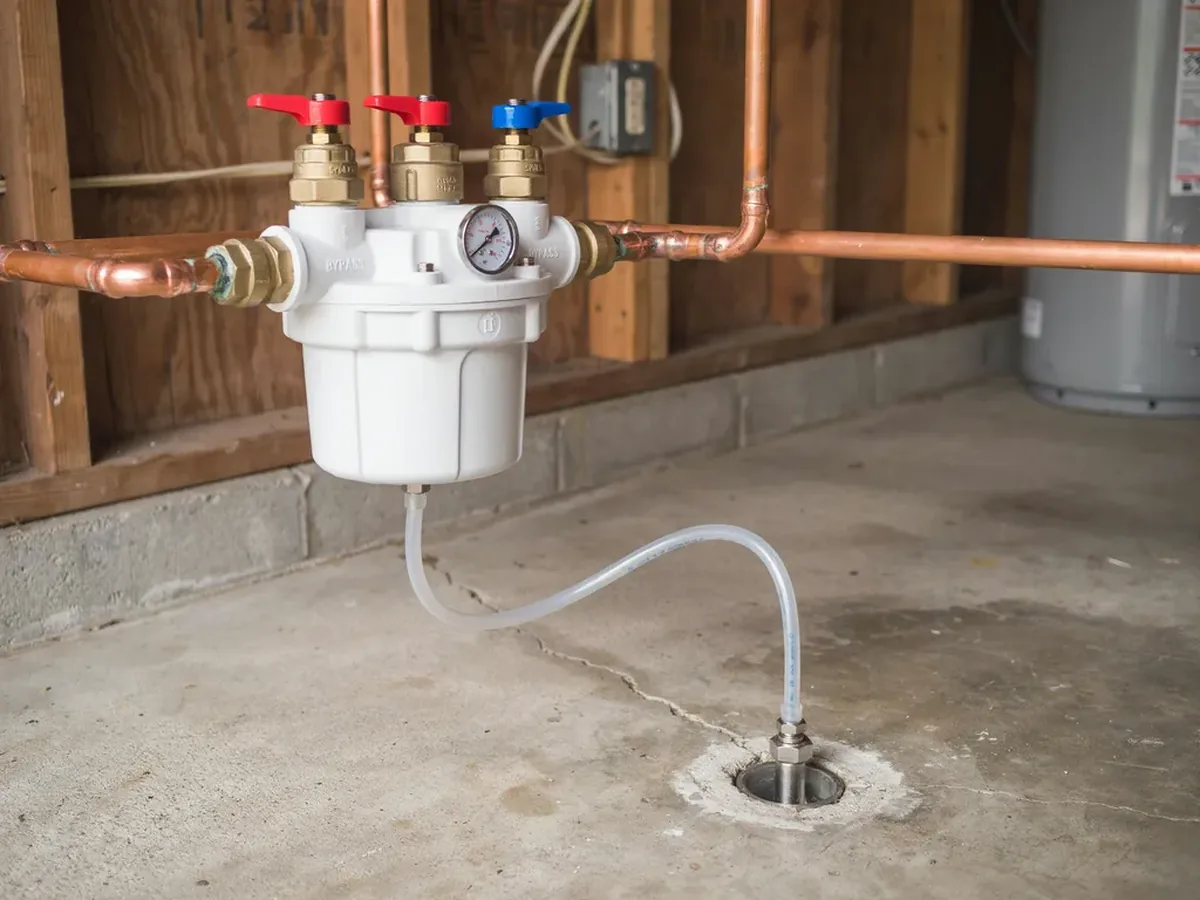 Water softener bypass valve and drain line fitted with an air gap at the back of a garage installation