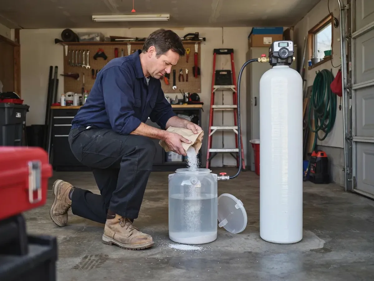 Plumber pouring water softener salt pellets into the brine tank of a softener in a garage