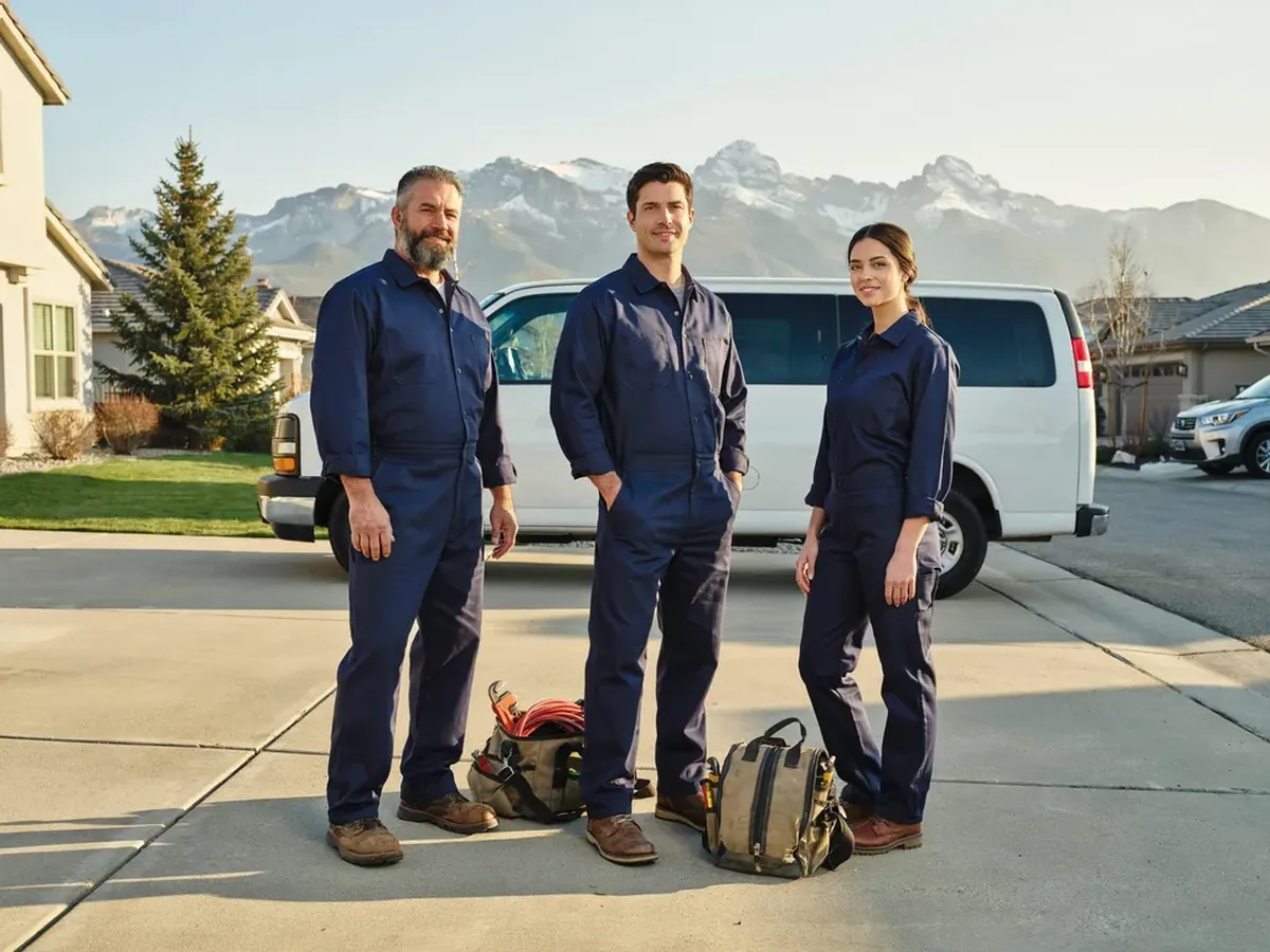The West Valley Plumber Pros team in matching uniforms standing in front of their service van in a West Valley City driveway